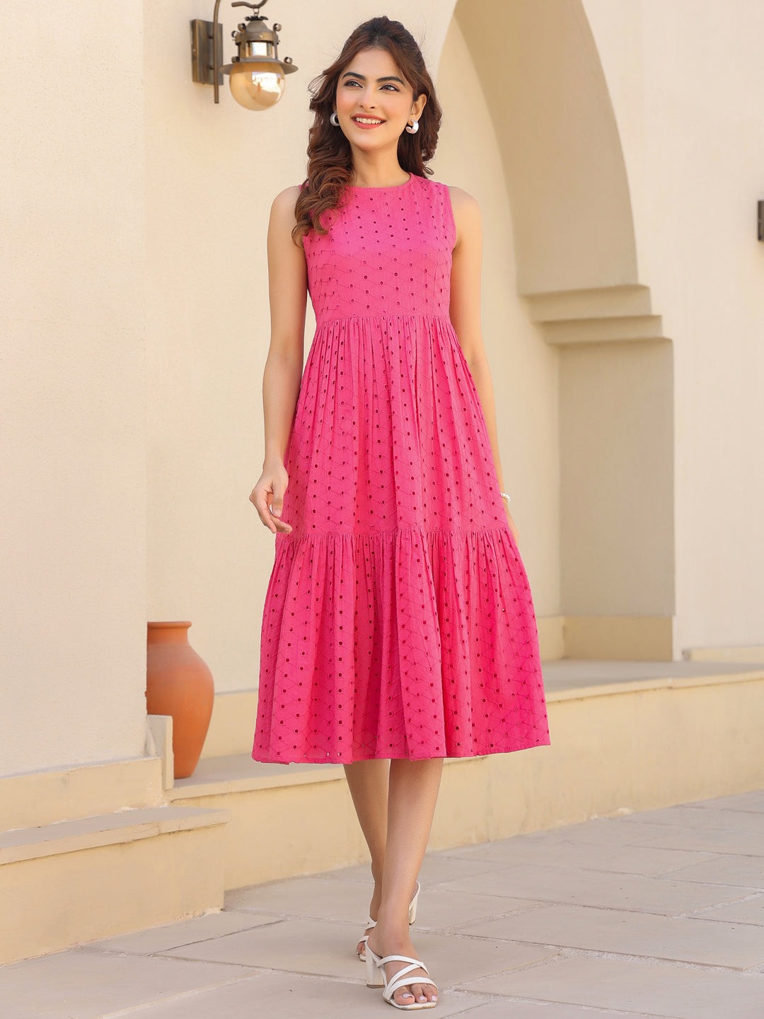 Janasya Bright Cotton Schiffli Fit & Flare Dress | Swadesiicart