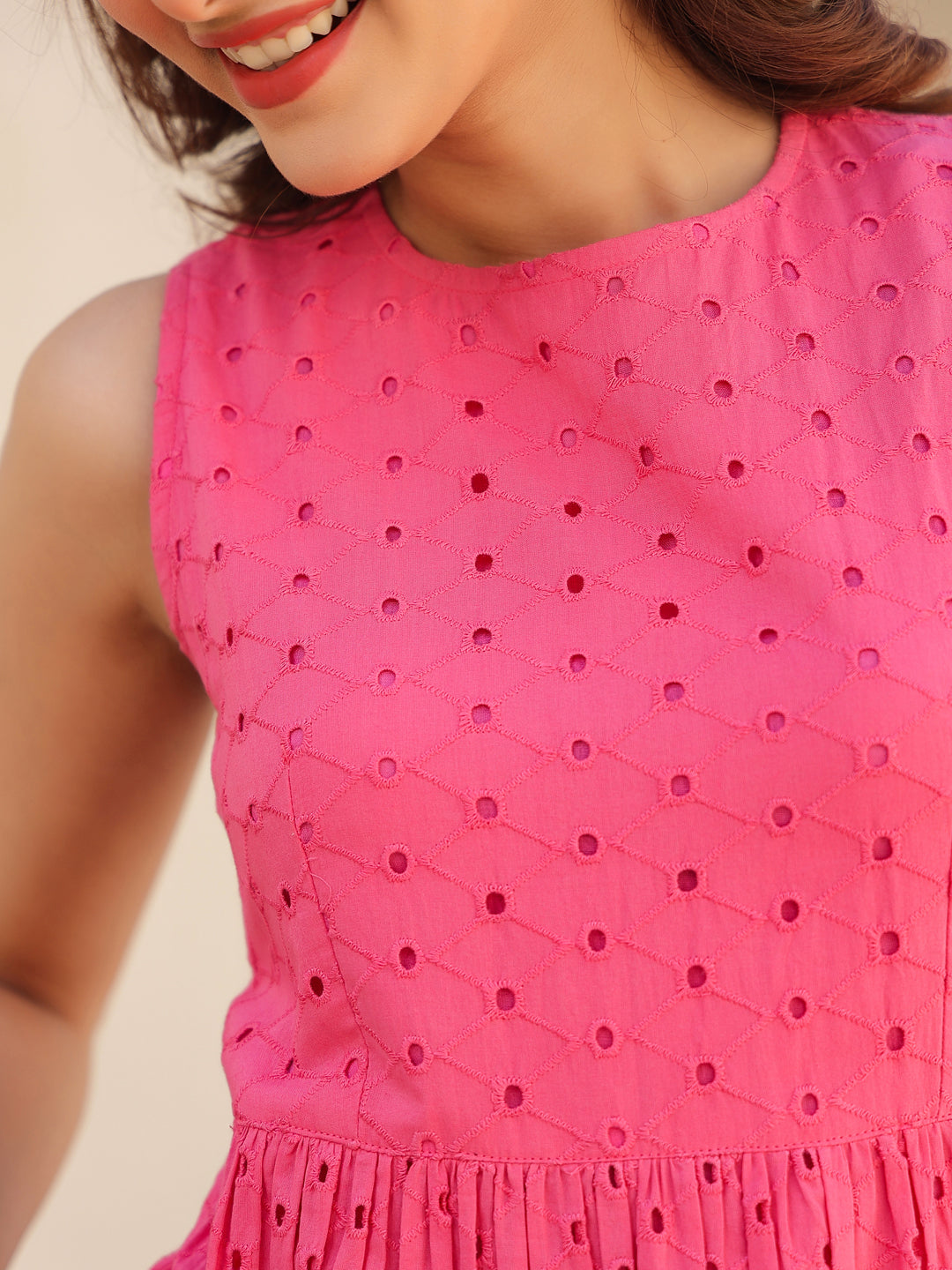 Janasya Bright Cotton Schiffli Fit & Flare Dress | Swadesiicart