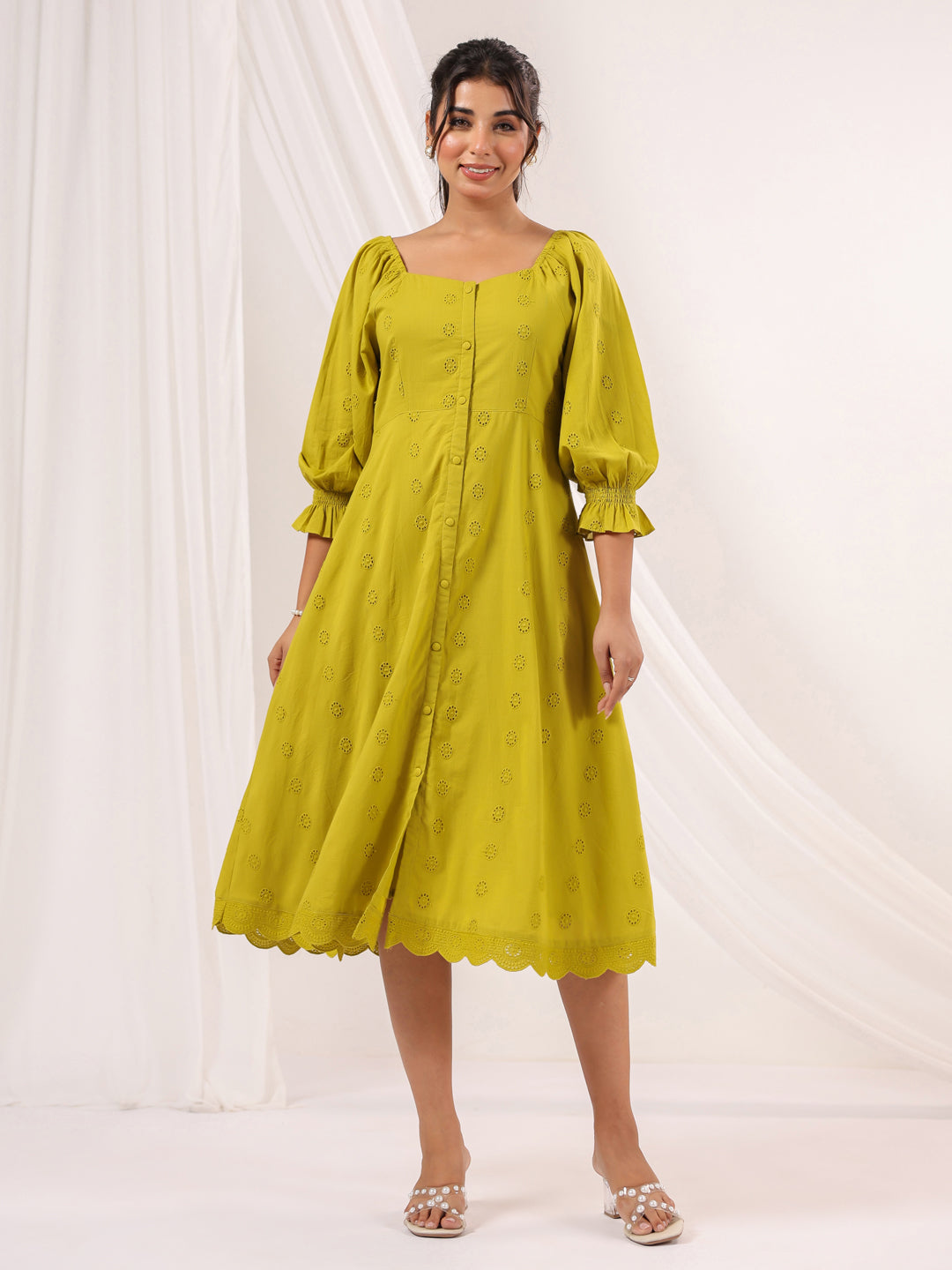 Janasya Dark Cotton Schiffli A-Line Dress | Swadesiicart