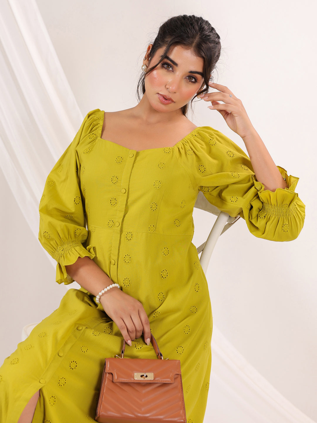 Janasya Dark Cotton Schiffli A-Line Dress | Swadesiicart