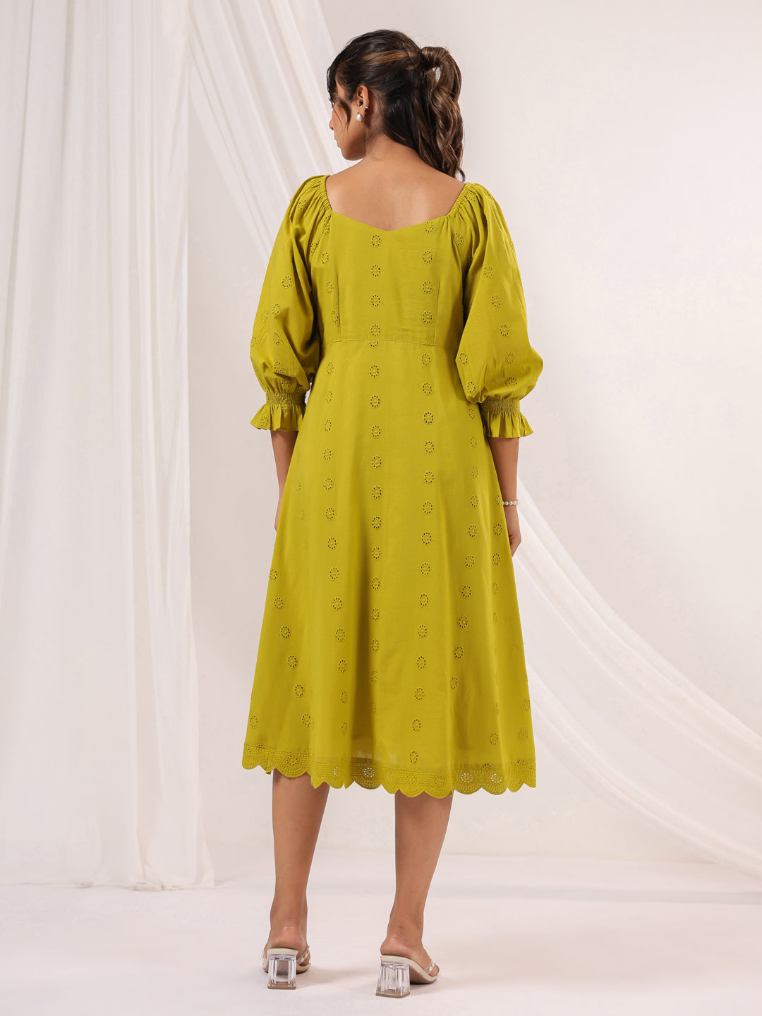 Janasya Dark Cotton Schiffli A-Line Dress | Swadesiicart