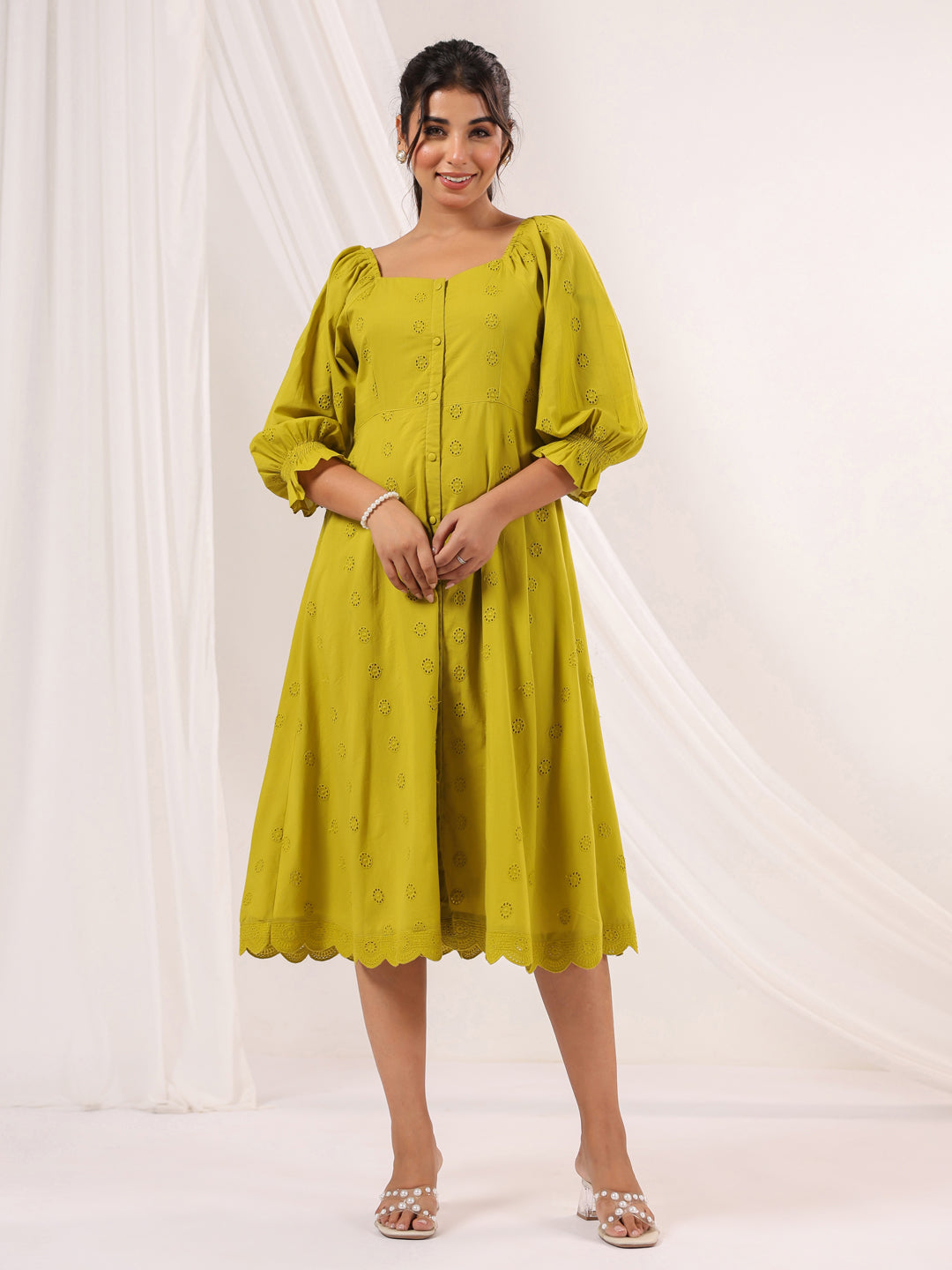 Janasya Dark Cotton Schiffli A-Line Dress | Swadesiicart