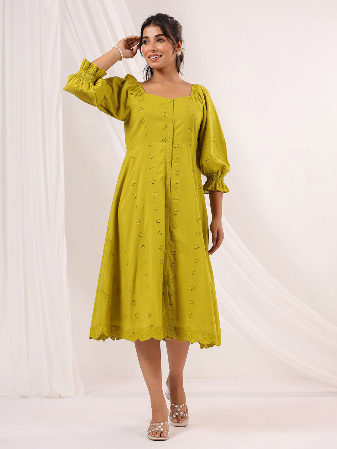 Janasya Dark Cotton Schiffli A-Line Dress | Swadesiicart