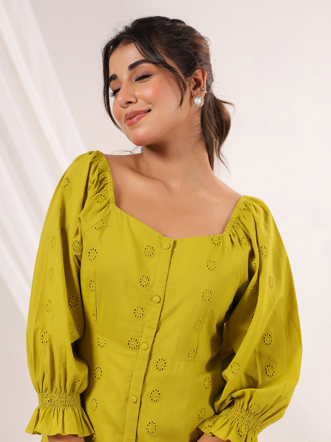Janasya Dark Cotton Schiffli A-Line Dress | Swadesiicart