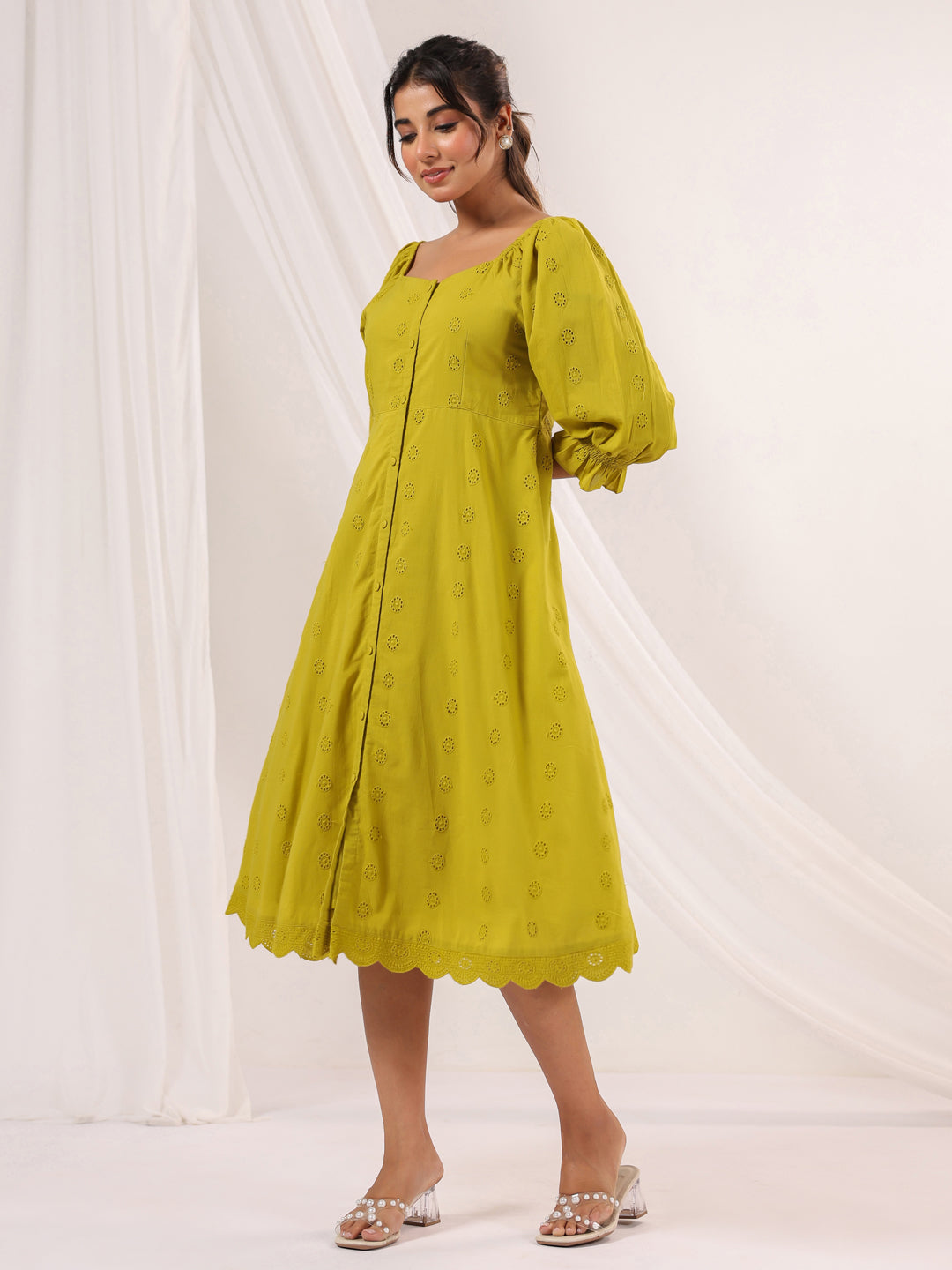 Janasya Dark Cotton Schiffli A-Line Dress | Swadesiicart