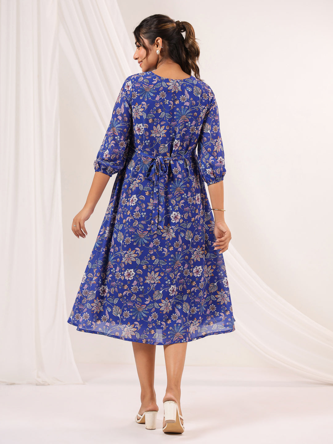 Janasya Dark Georgette Floral A-Line Dress | Swadesiicart