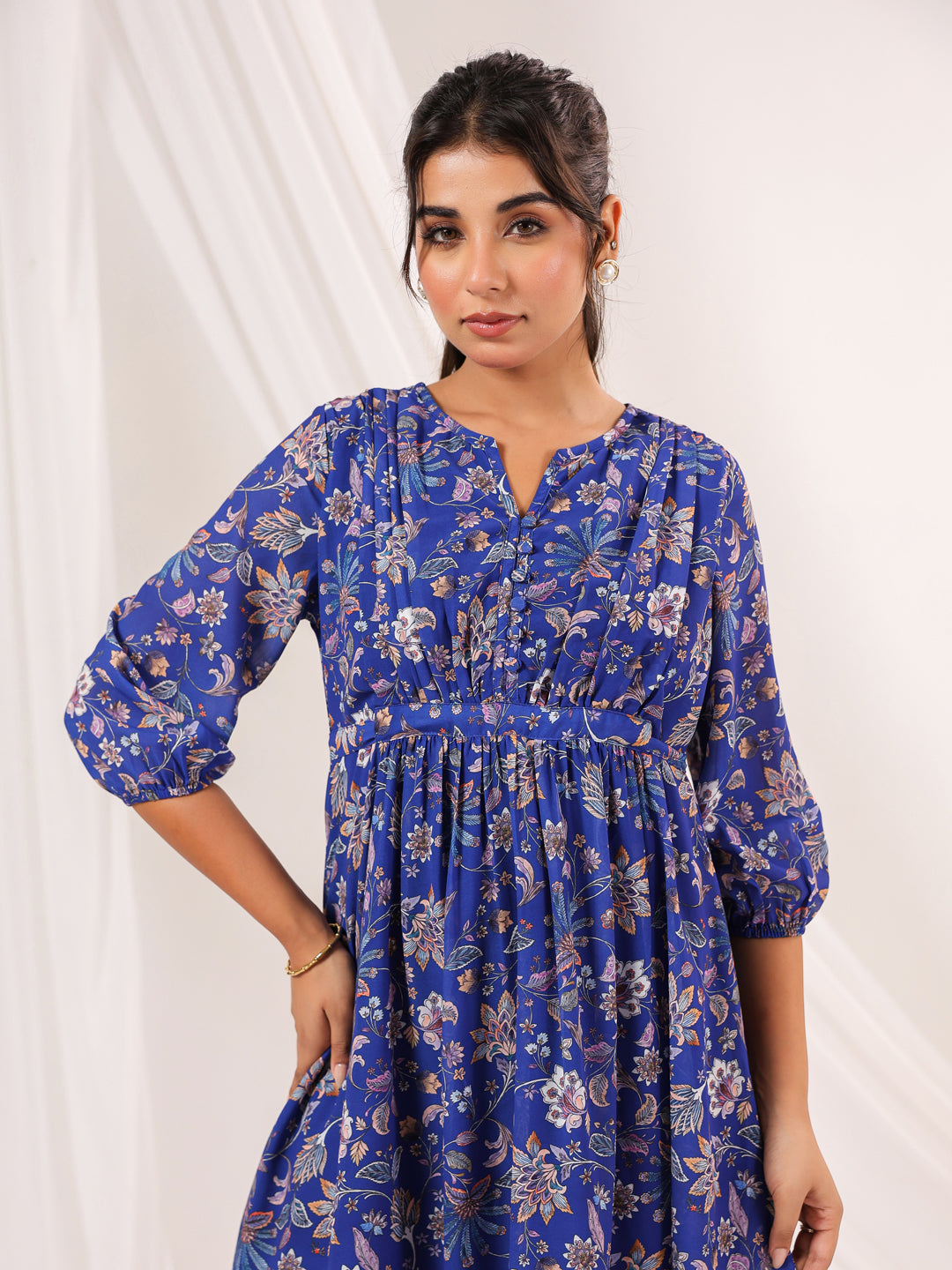 Janasya Dark Georgette Floral A-Line Dress | Swadesiicart