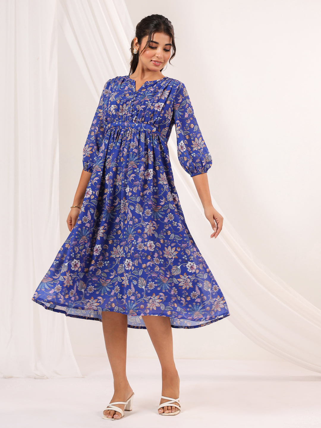 Janasya Dark Georgette Floral A-Line Dress | Swadesiicart