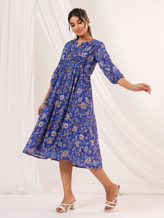 Janasya Dark Georgette Floral A-Line Dress | Swadesiicart