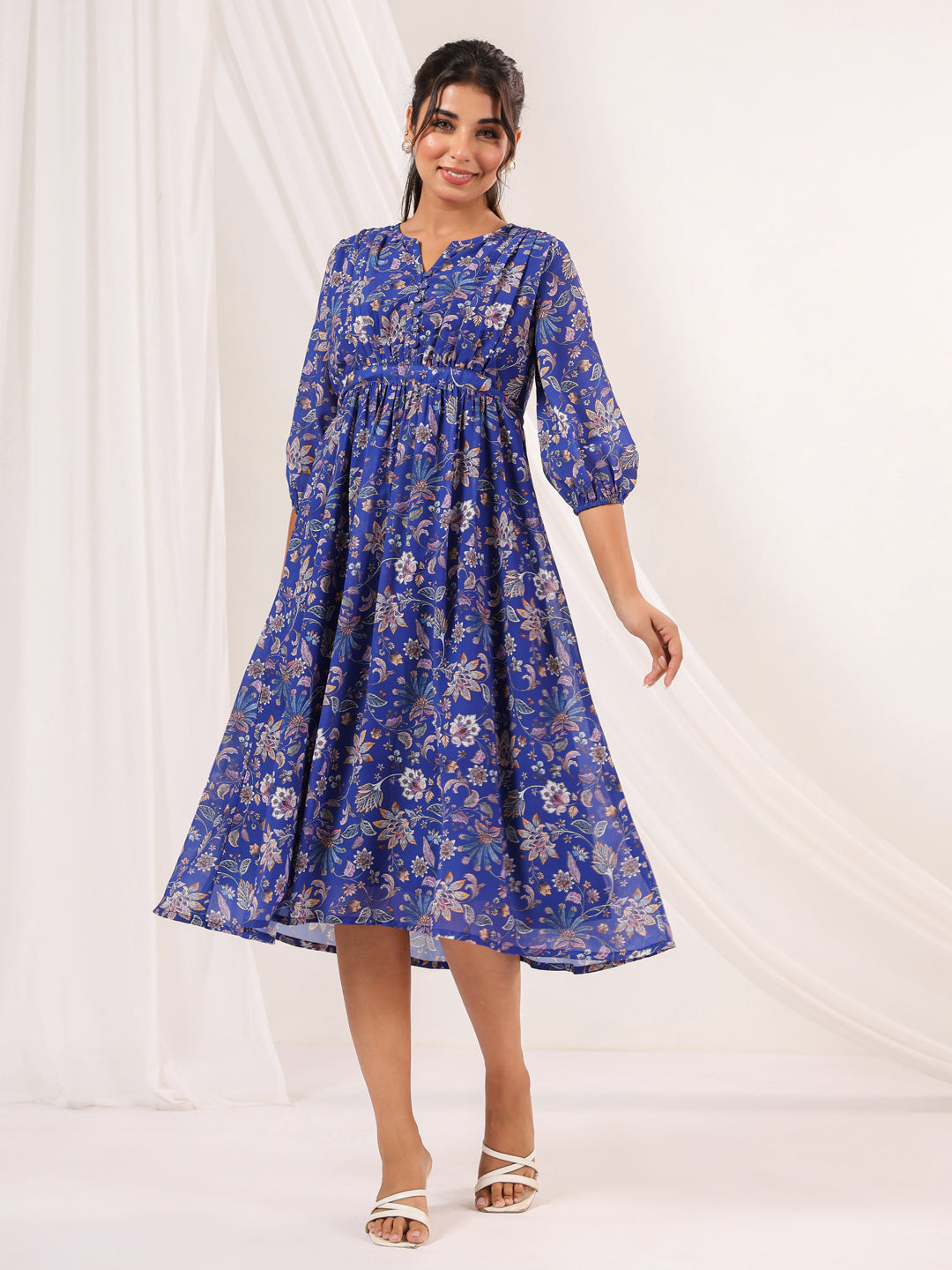 Janasya Dark Georgette Floral A-Line Dress | Swadesiicart