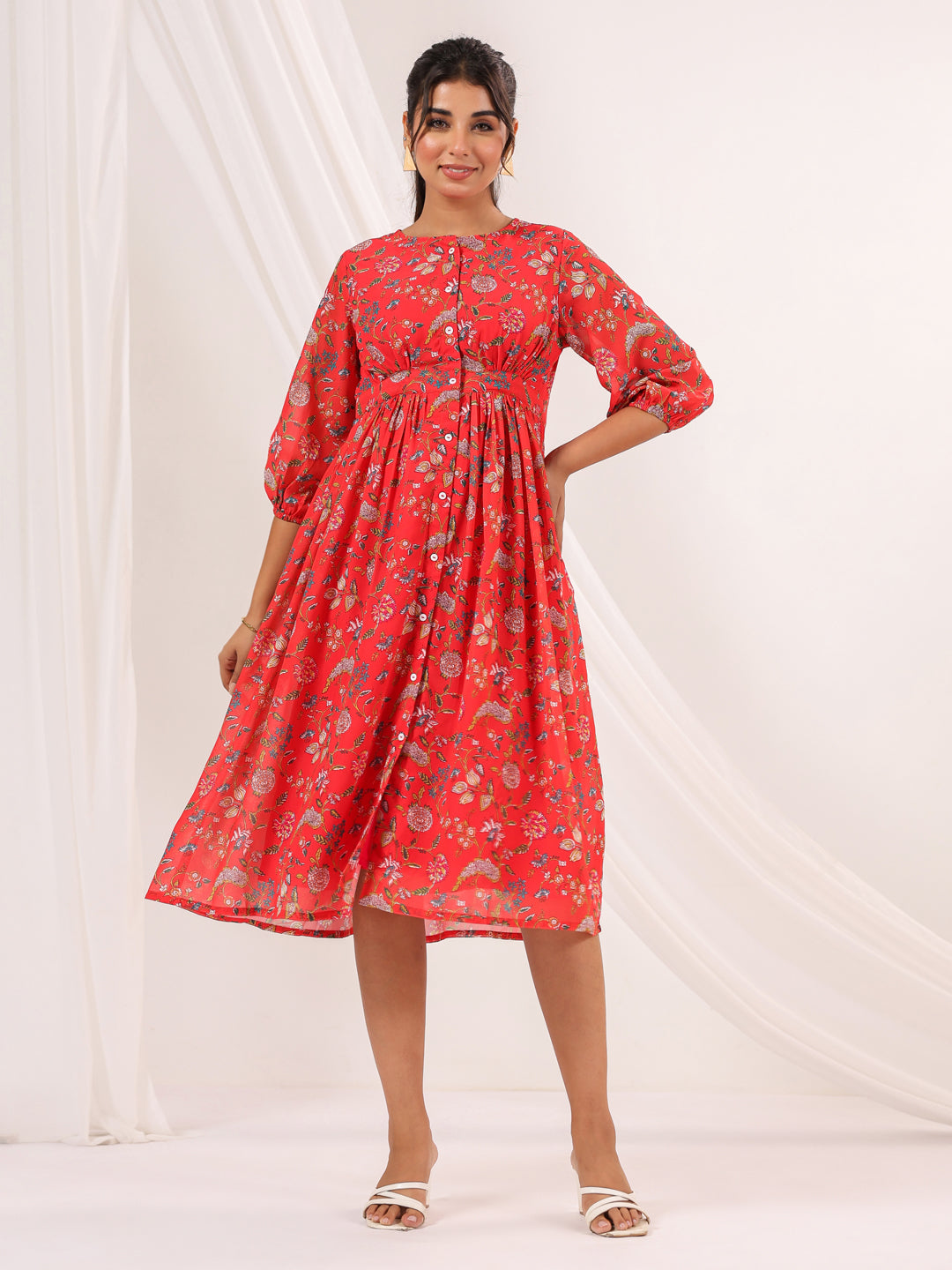 Janasya Bright Georgette Floral Gathered Dress | Swadesiicart