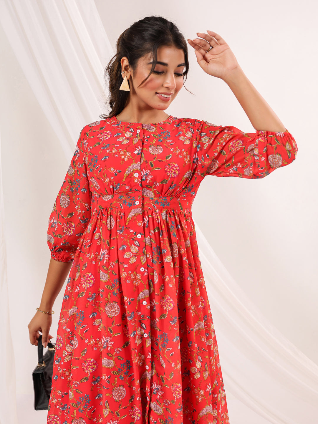 Janasya Bright Georgette Floral Gathered Dress | Swadesiicart