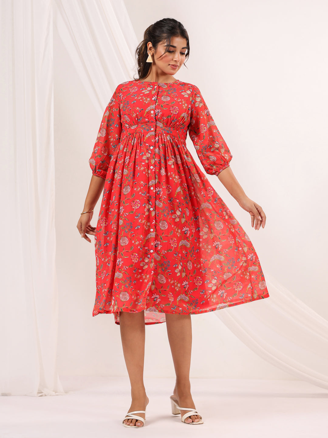 Janasya Bright Georgette Floral Gathered Dress | Swadesiicart