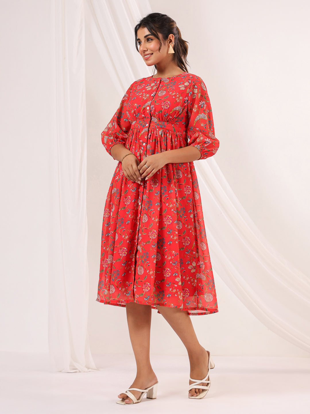 Janasya Bright Georgette Floral Gathered Dress | Swadesiicart