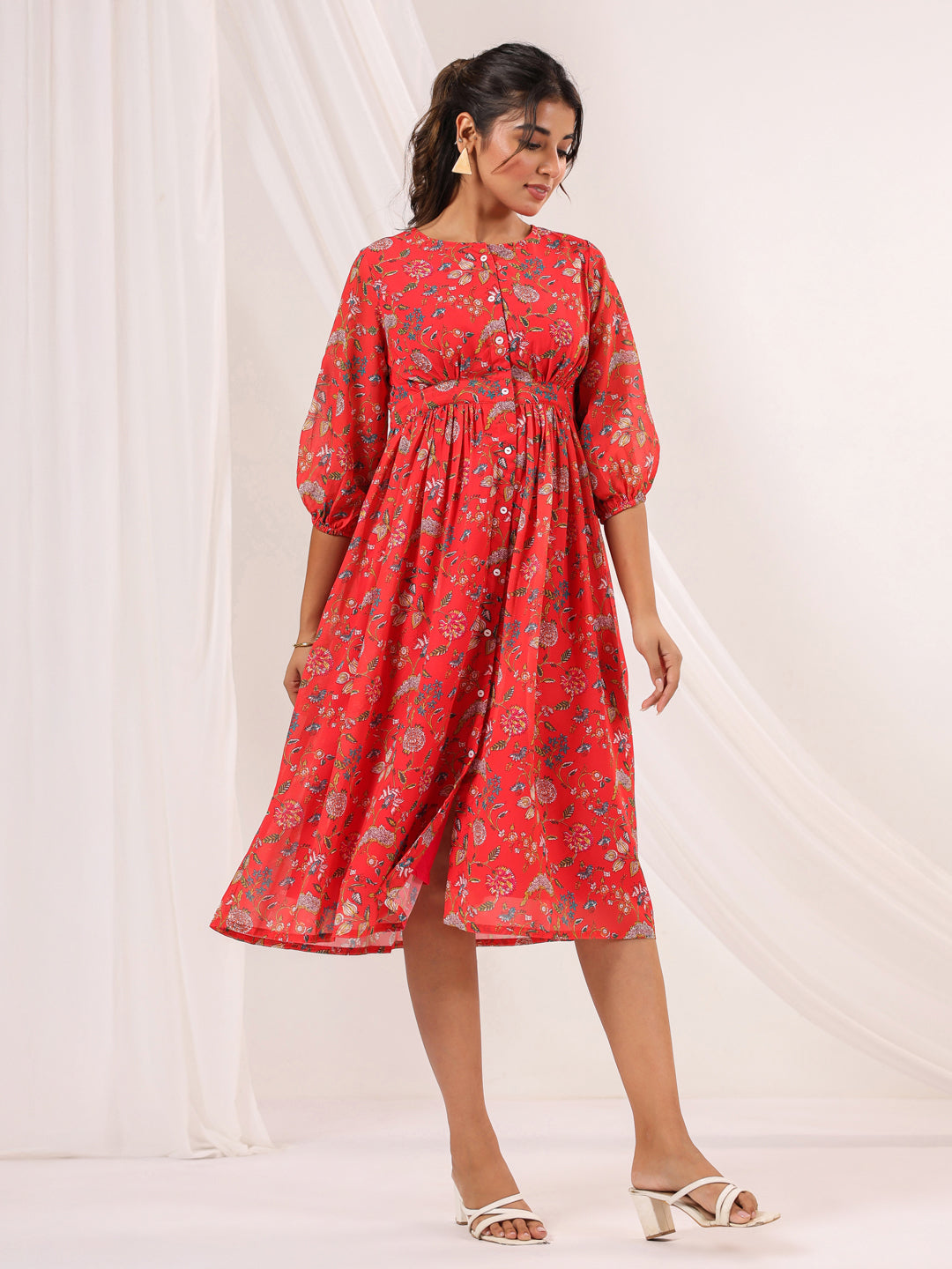 Janasya Bright Georgette Floral Gathered Dress | Swadesiicart