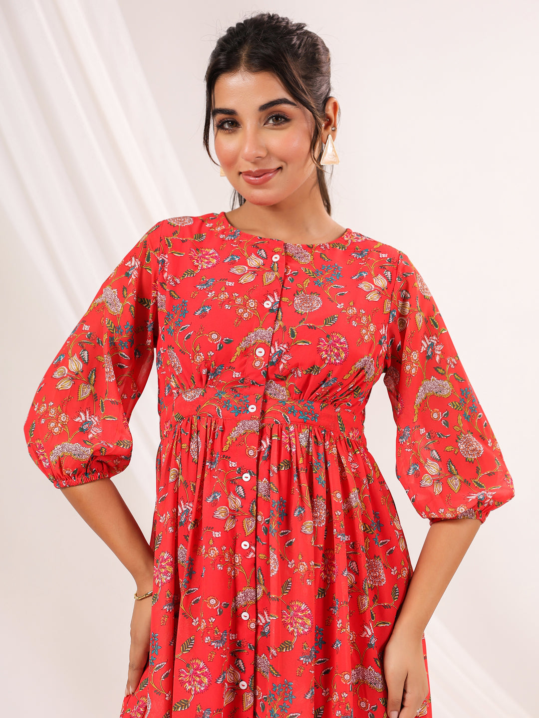 Janasya Bright Georgette Floral Gathered Dress | Swadesiicart