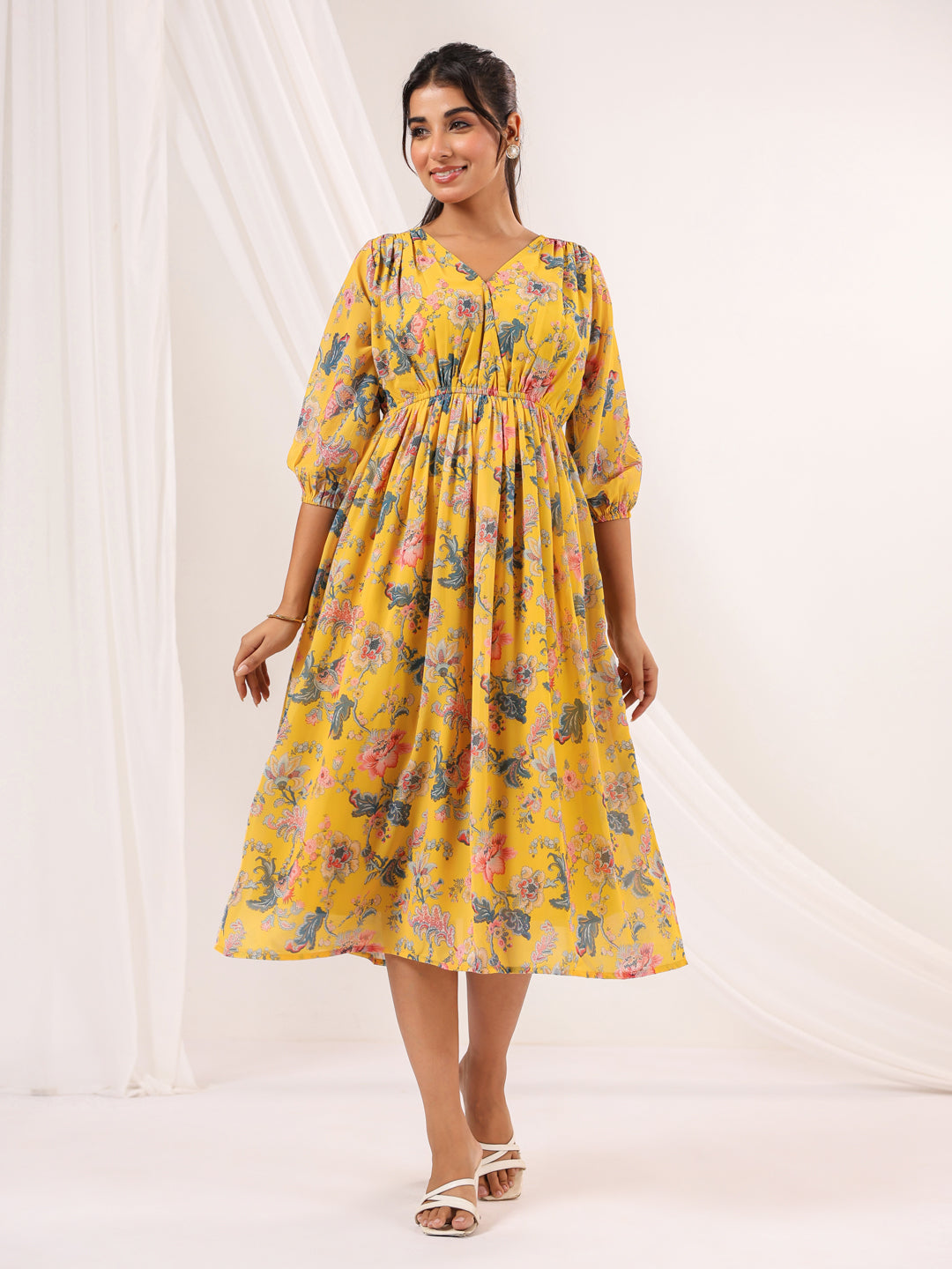 Janasya Bright Georgette Floral A-Line Dress | Swadesiicart