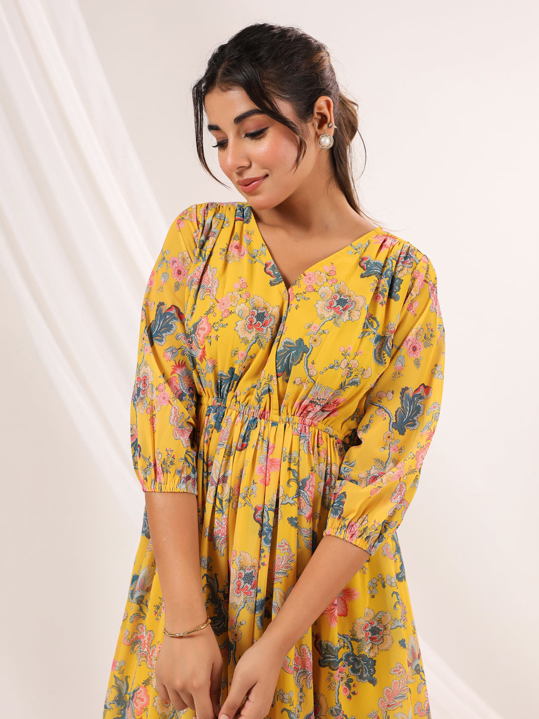 Janasya Bright Georgette Floral A-Line Dress | Swadesiicart