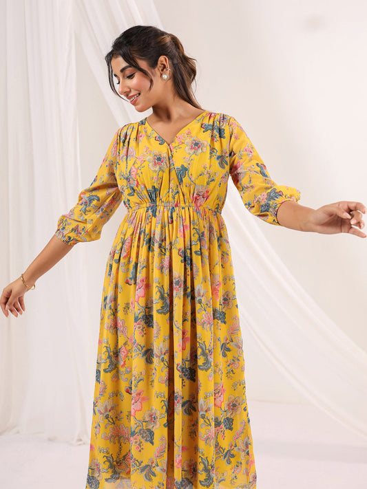 Janasya Bright Georgette Floral A-Line Dress | Swadesiicart