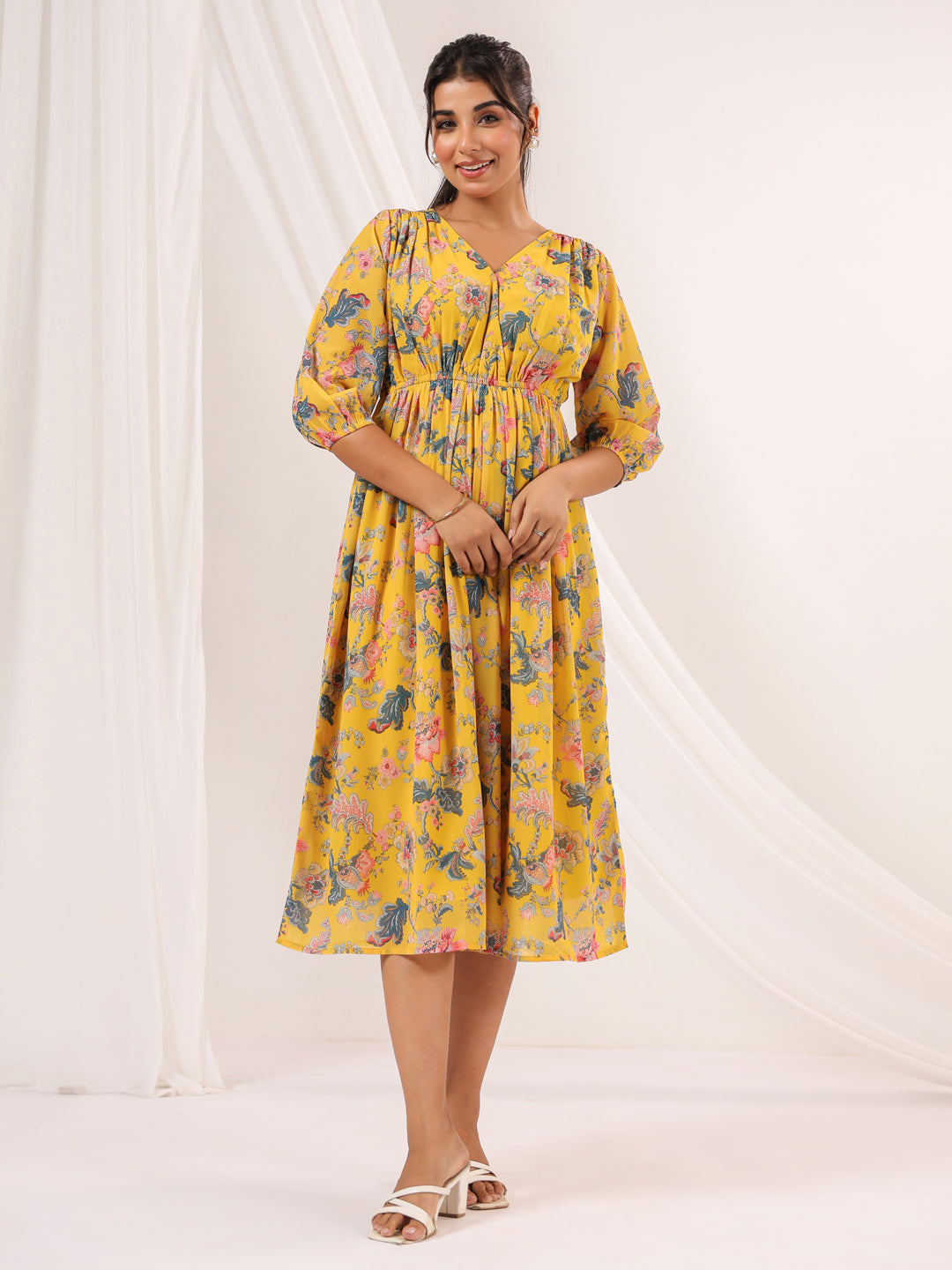 Janasya Bright Georgette Floral A-Line Dress | Swadesiicart