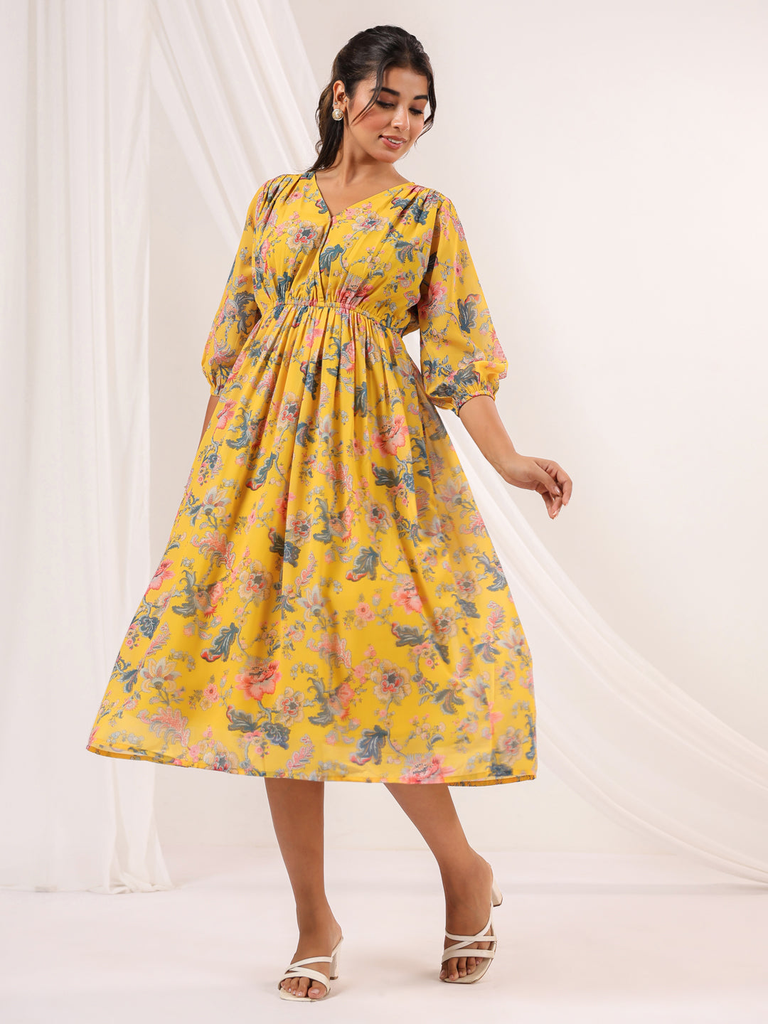 Janasya Bright Georgette Floral A-Line Dress | Swadesiicart