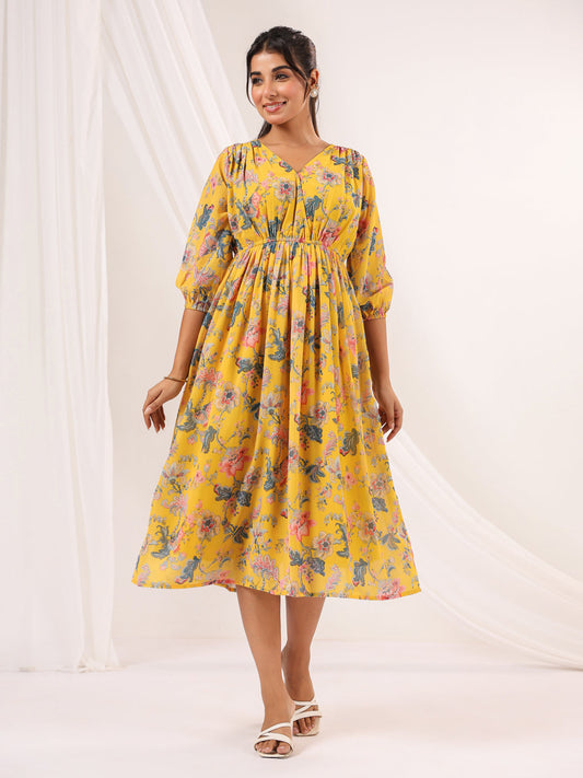 Janasya Bright Georgette Floral A-Line Dress | Swadesiicart