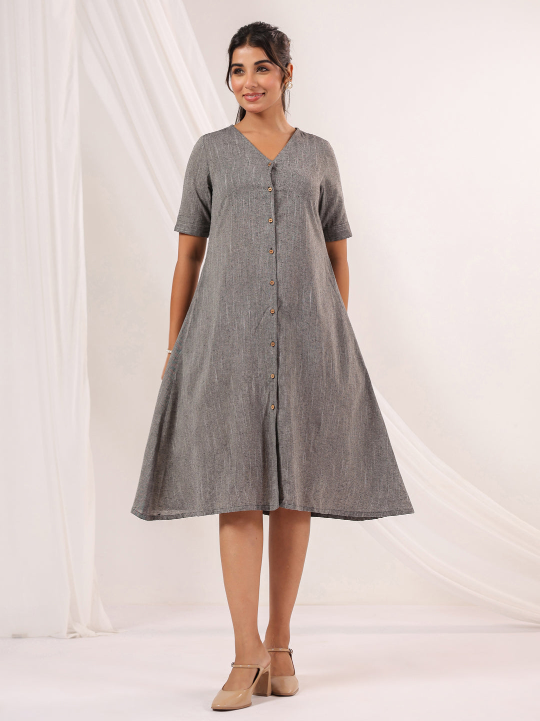 Janasya Dark Cotton Solid A-Line Dress | Swadesiicart