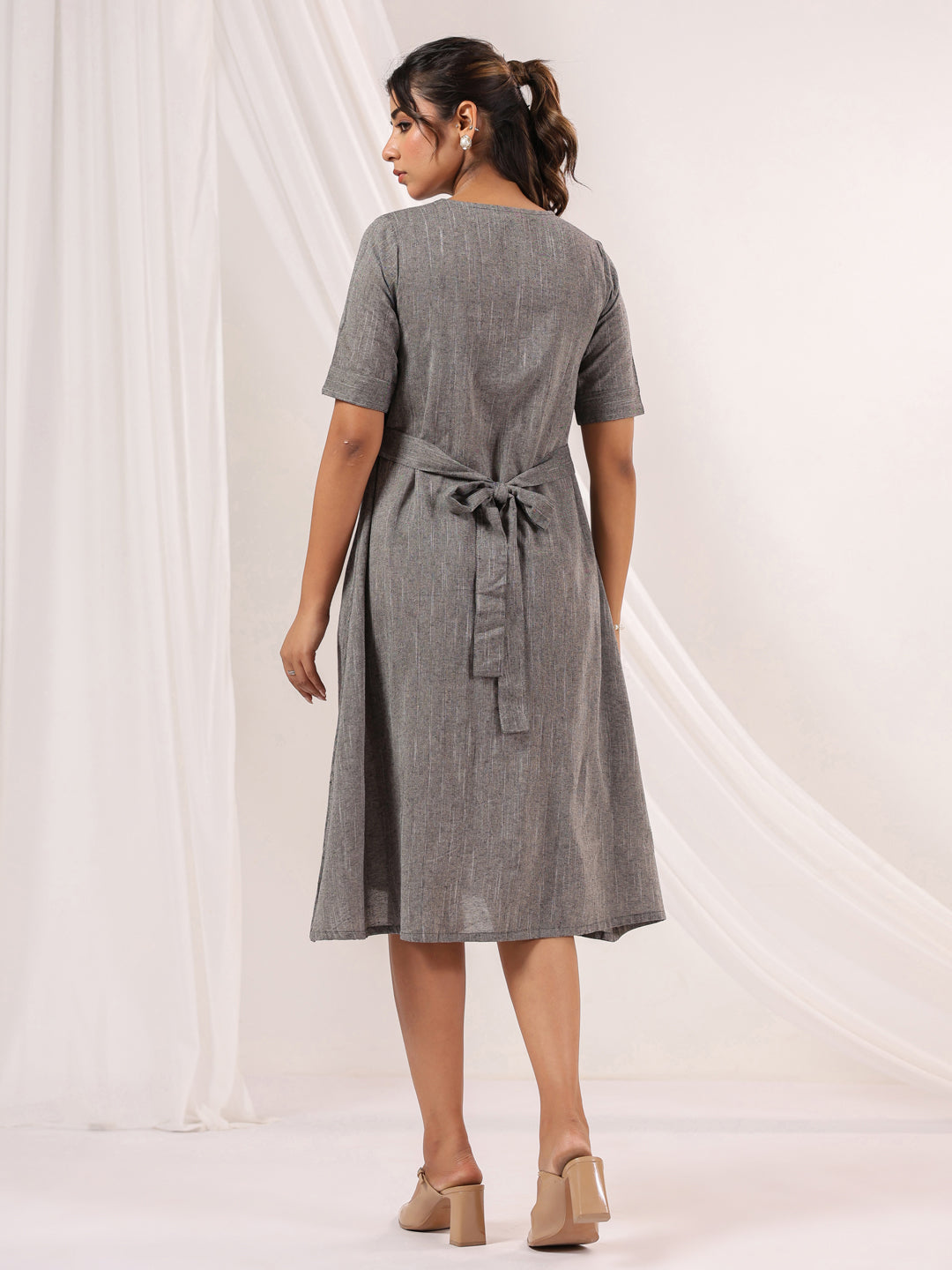 Janasya Dark Cotton Solid A-Line Dress | Swadesiicart