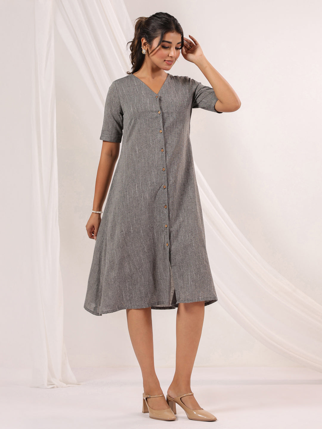 Janasya Dark Cotton Solid A-Line Dress | Swadesiicart