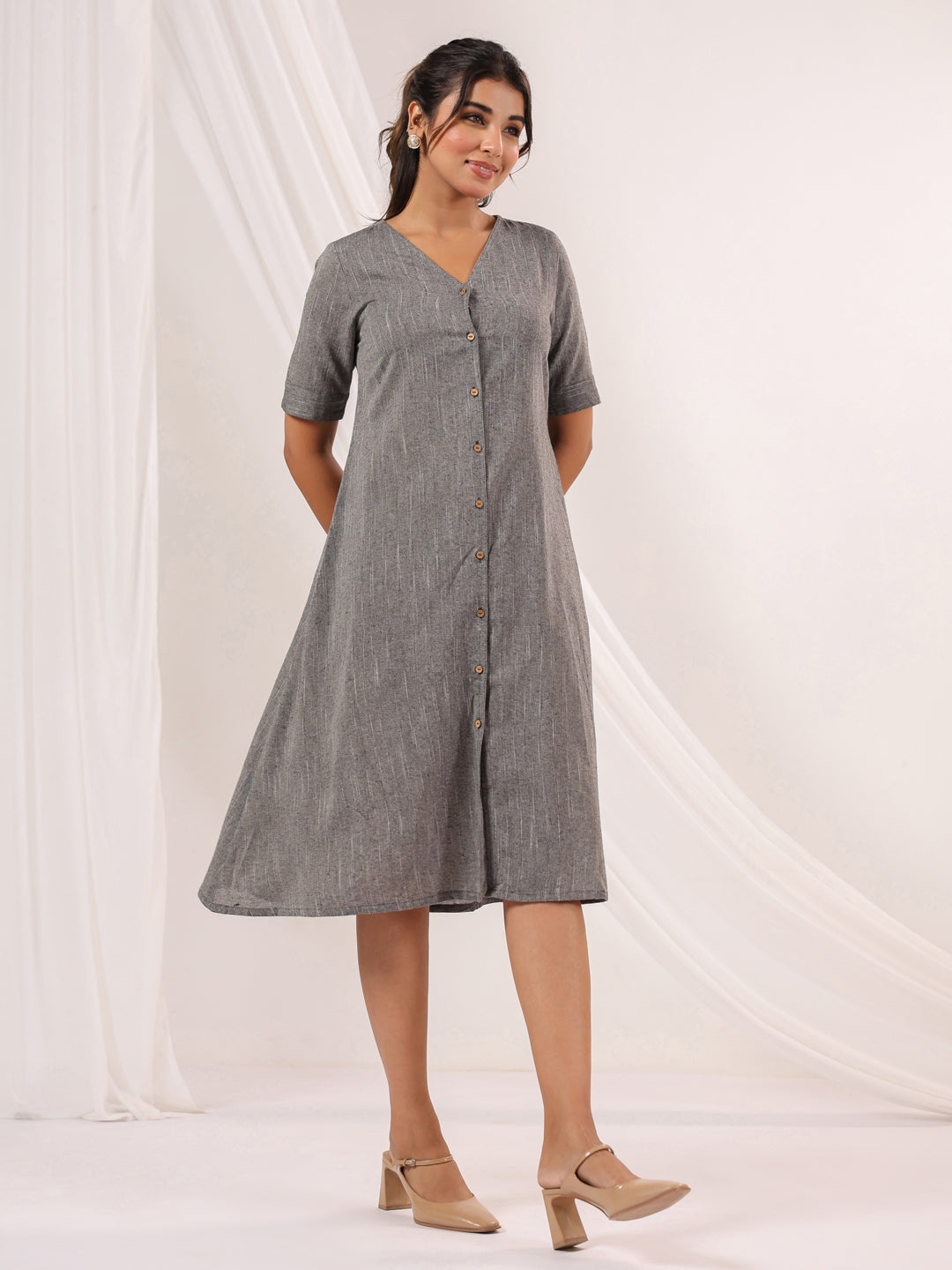 Janasya Dark Cotton Solid A-Line Dress | Swadesiicart