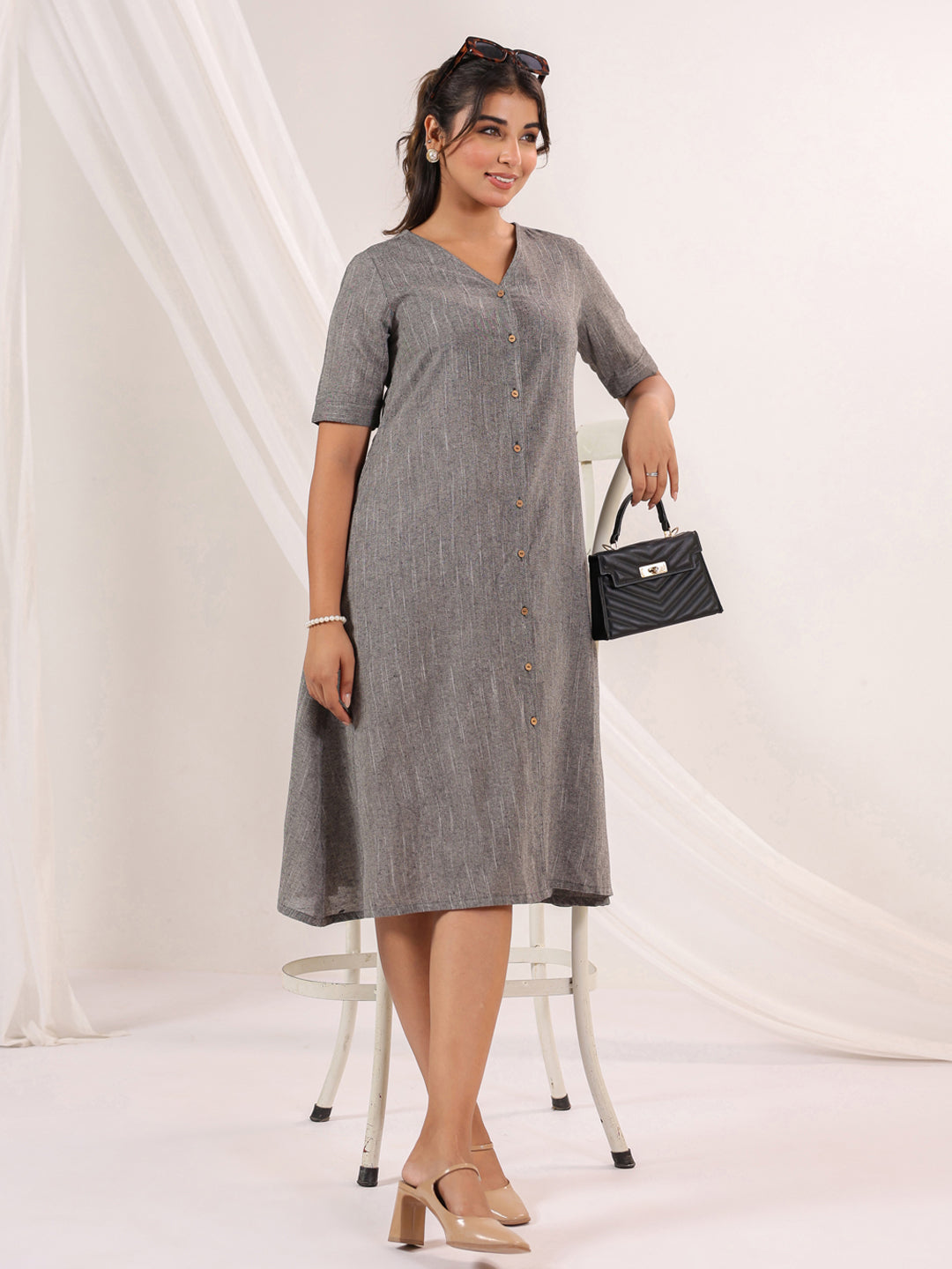Janasya Dark Cotton Solid A-Line Dress | Swadesiicart
