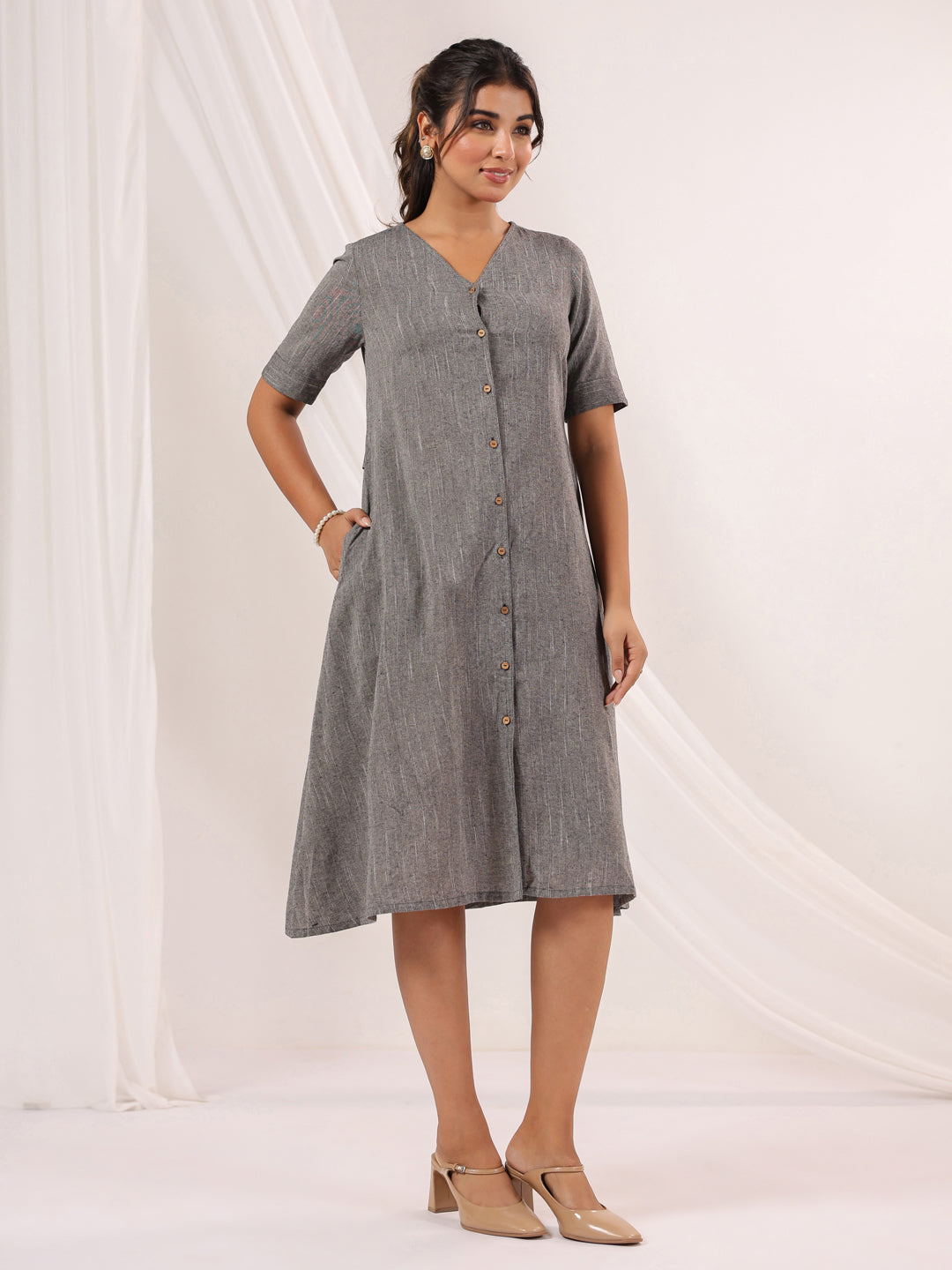 Janasya Dark Cotton Solid A-Line Dress | Swadesiicart