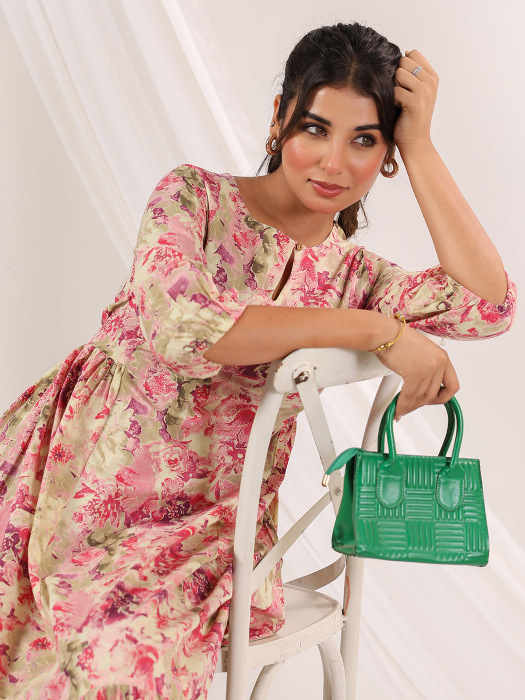 Janasya Bright Cotton Floral A-Line Dress | Swadesiicart