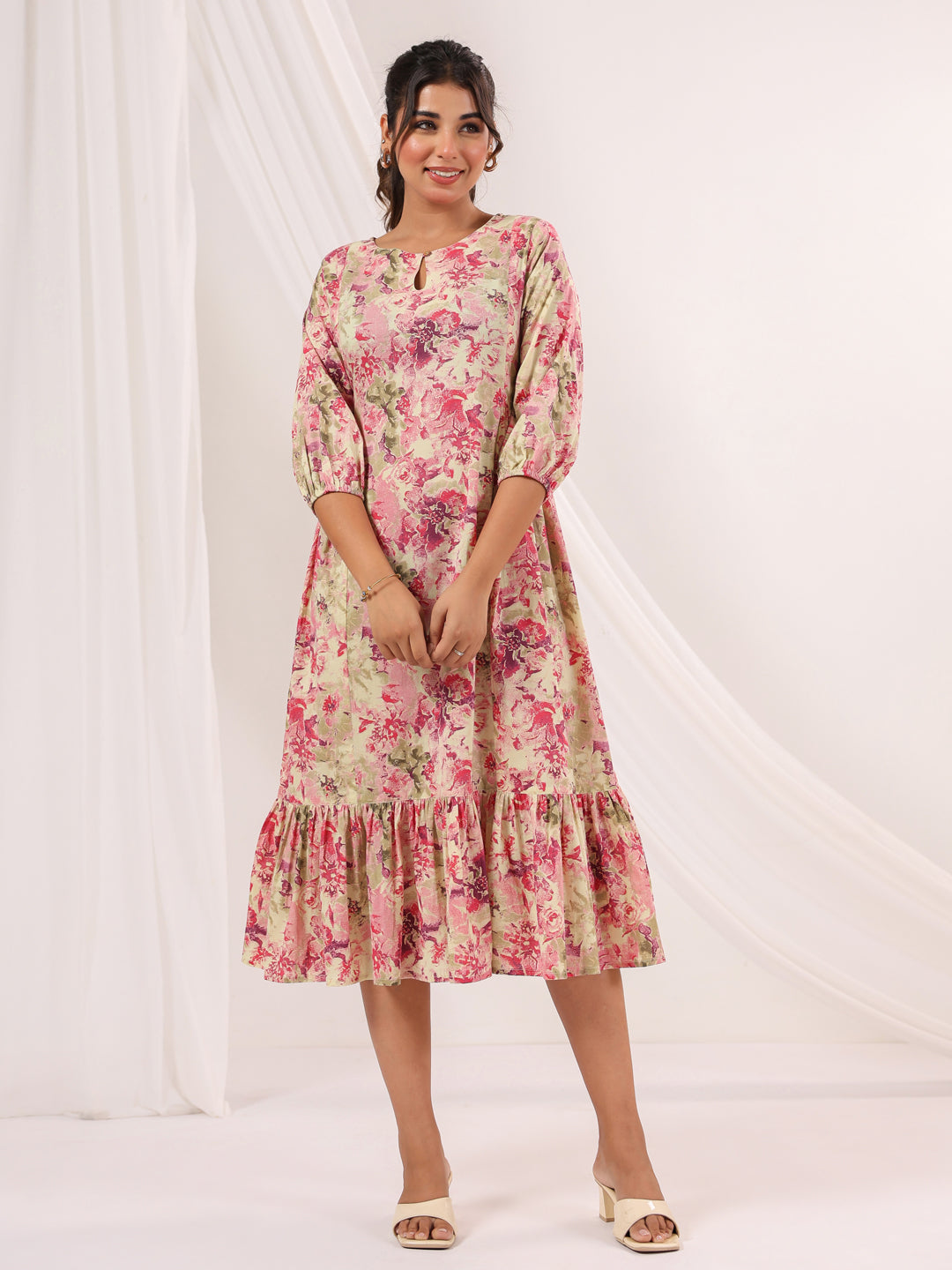 Janasya Bright Cotton Floral A-Line Dress | Swadesiicart