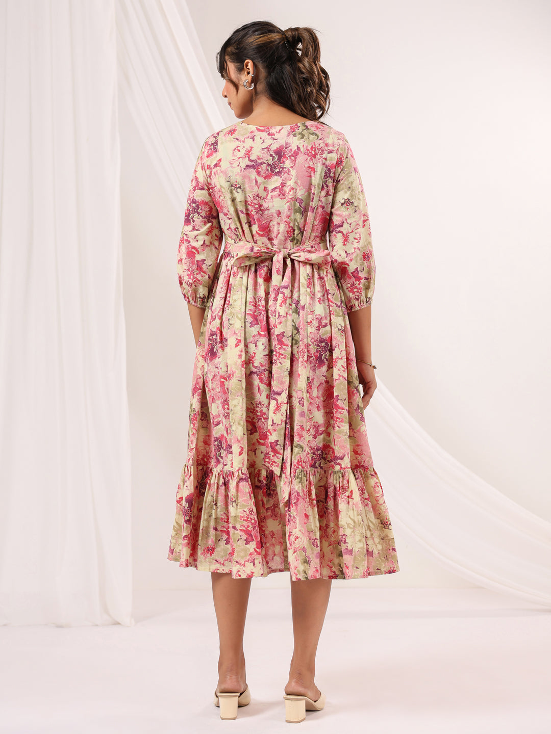 Janasya Bright Cotton Floral A-Line Dress | Swadesiicart
