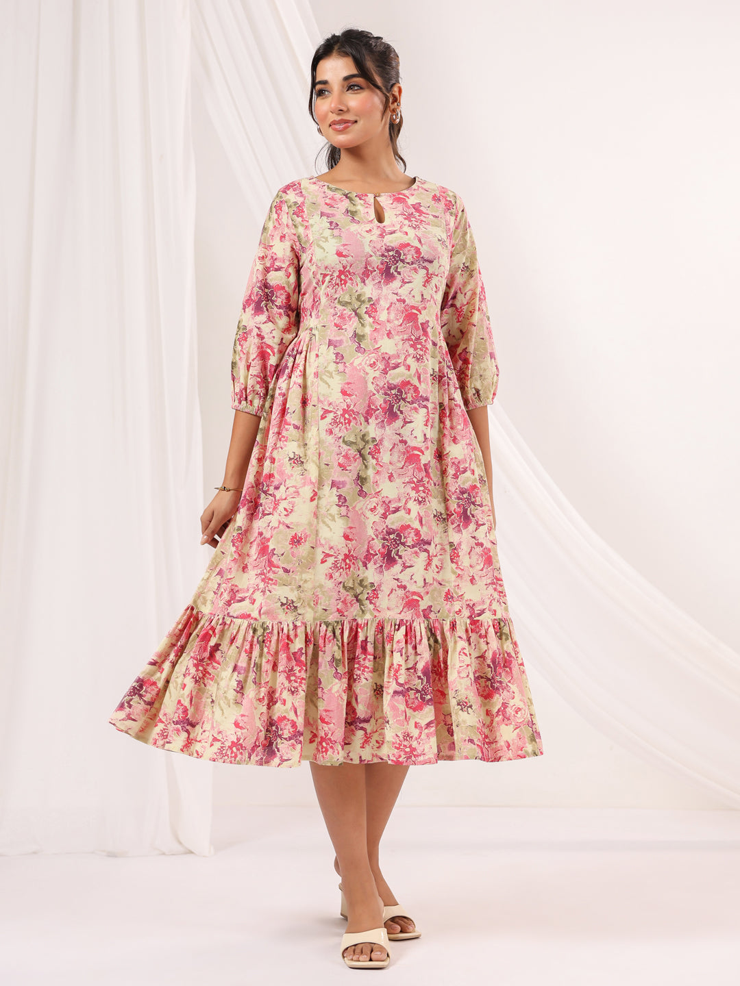 Janasya Bright Cotton Floral A-Line Dress | Swadesiicart