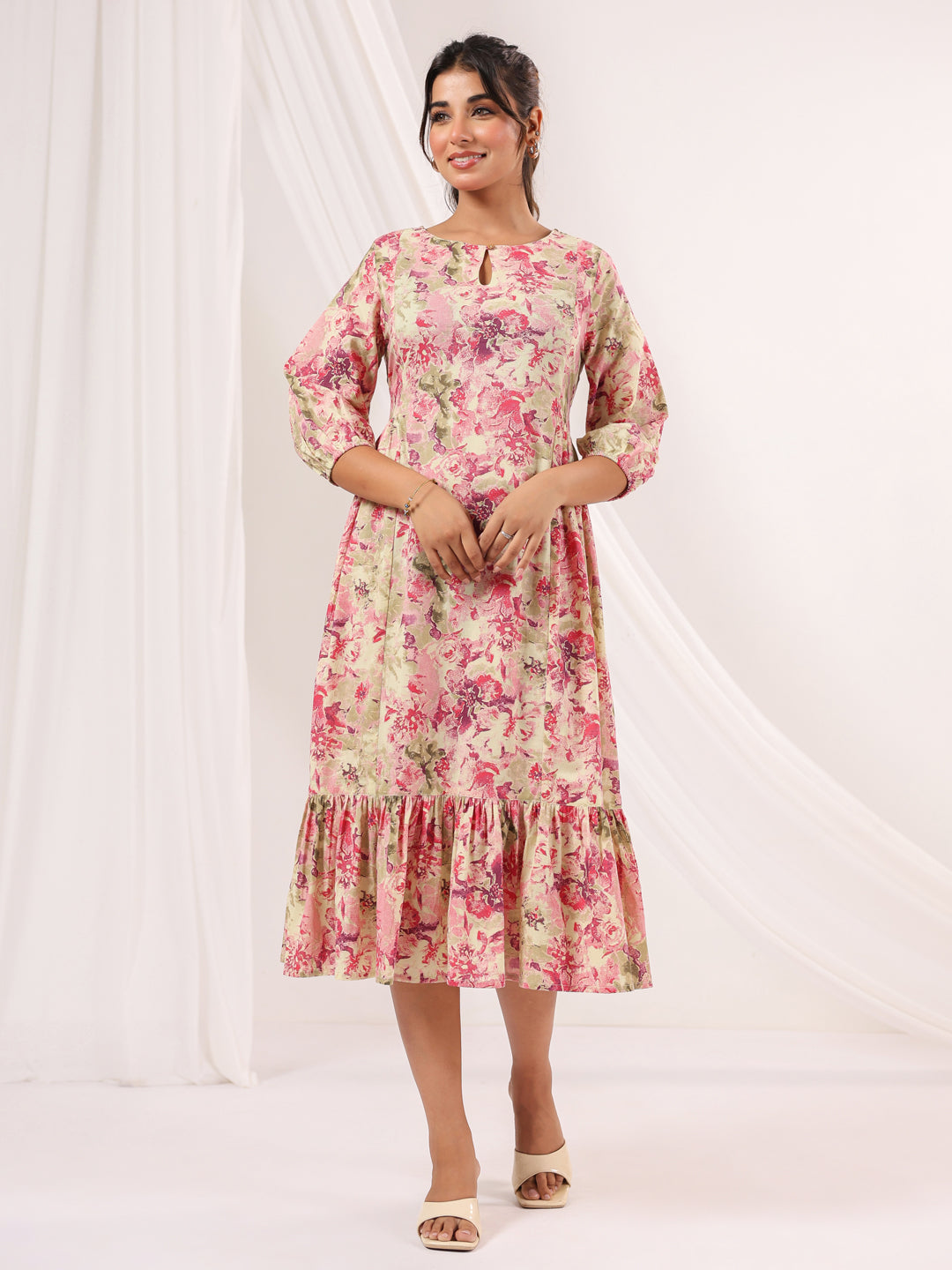 Janasya Bright Cotton Floral A-Line Dress | Swadesiicart