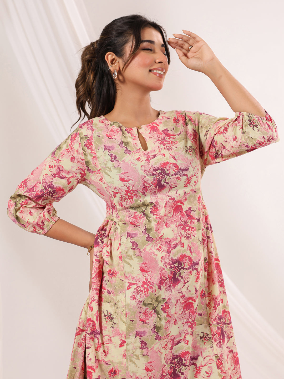 Janasya Bright Cotton Floral A-Line Dress | Swadesiicart