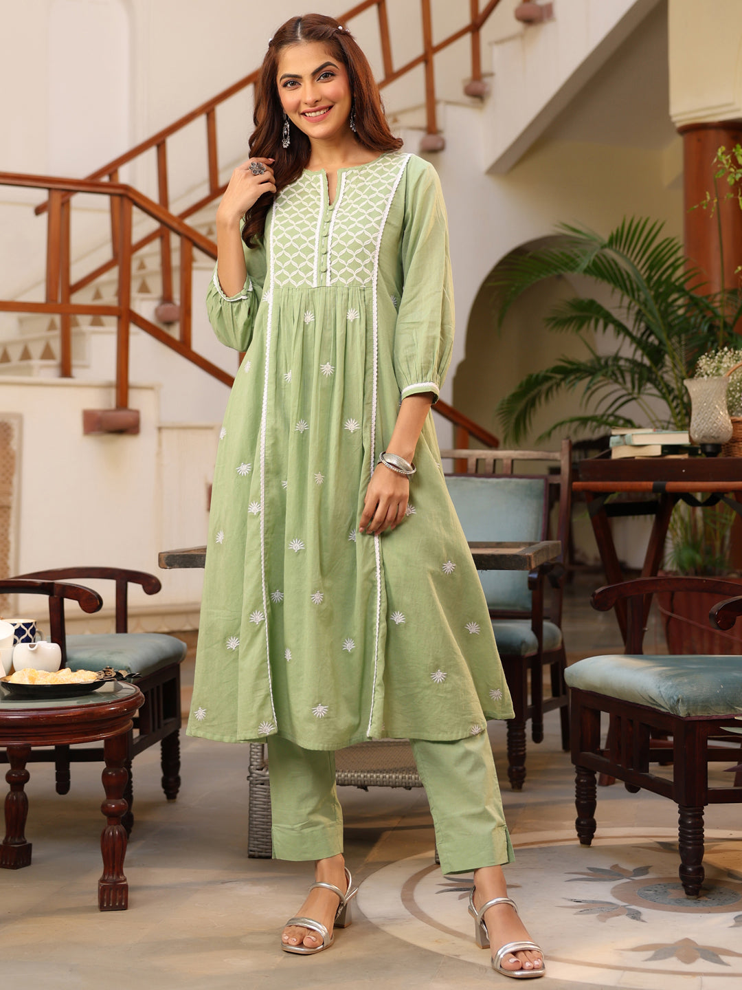 Janasya Light Cotton Embroidered A-Line Kurta Set | Swadesiicart
