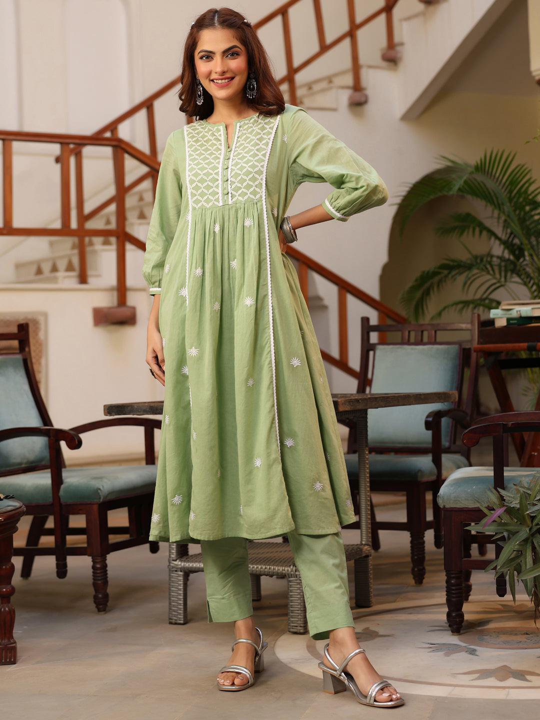 Janasya Light Cotton Embroidered A-Line Kurta Set | Swadesiicart