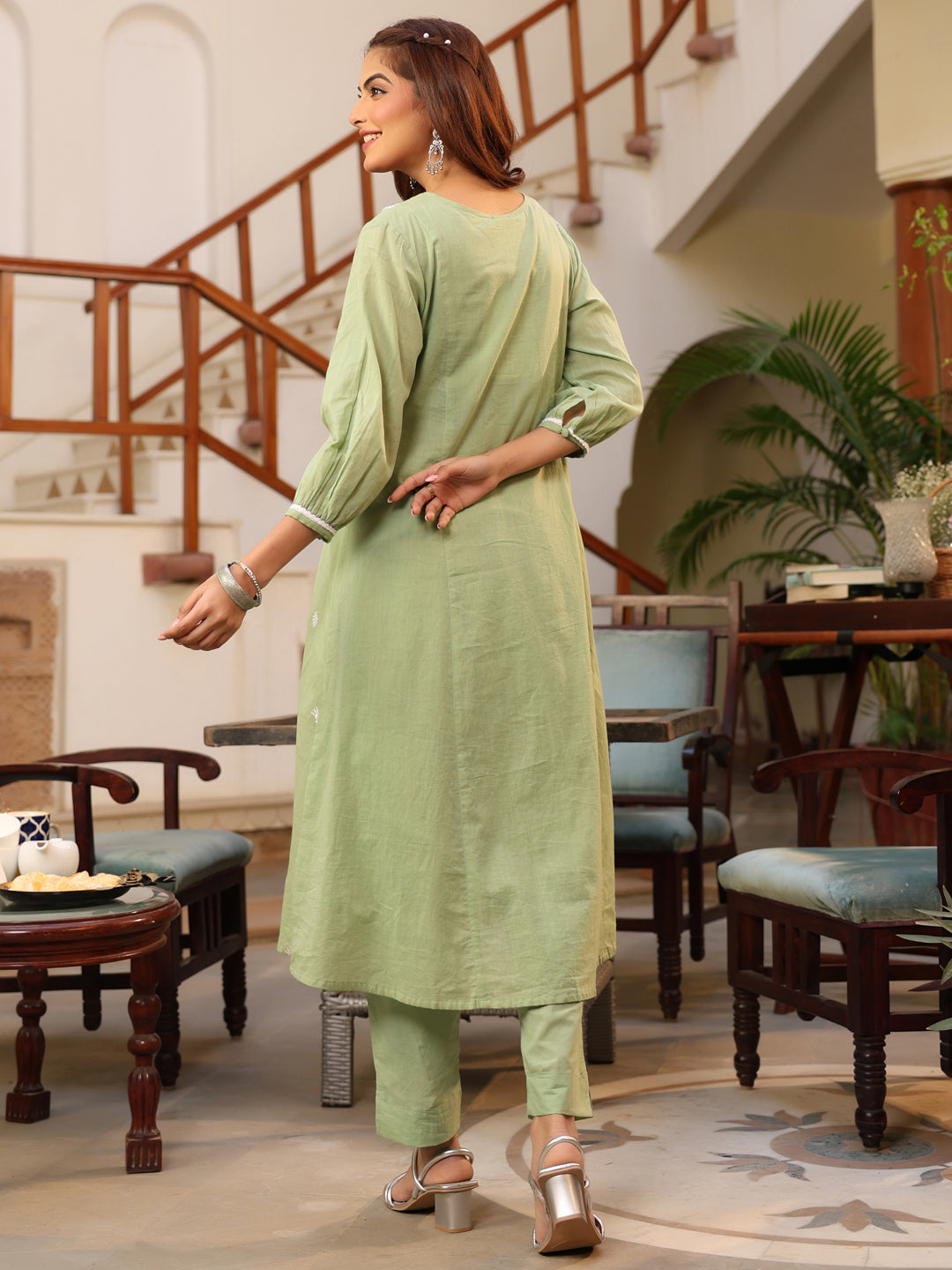 Janasya Light Cotton Embroidered A-Line Kurta Set | Swadesiicart