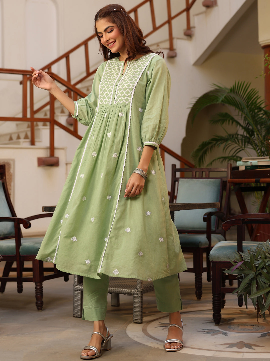 Janasya Light Cotton Embroidered A-Line Kurta Set | Swadesiicart