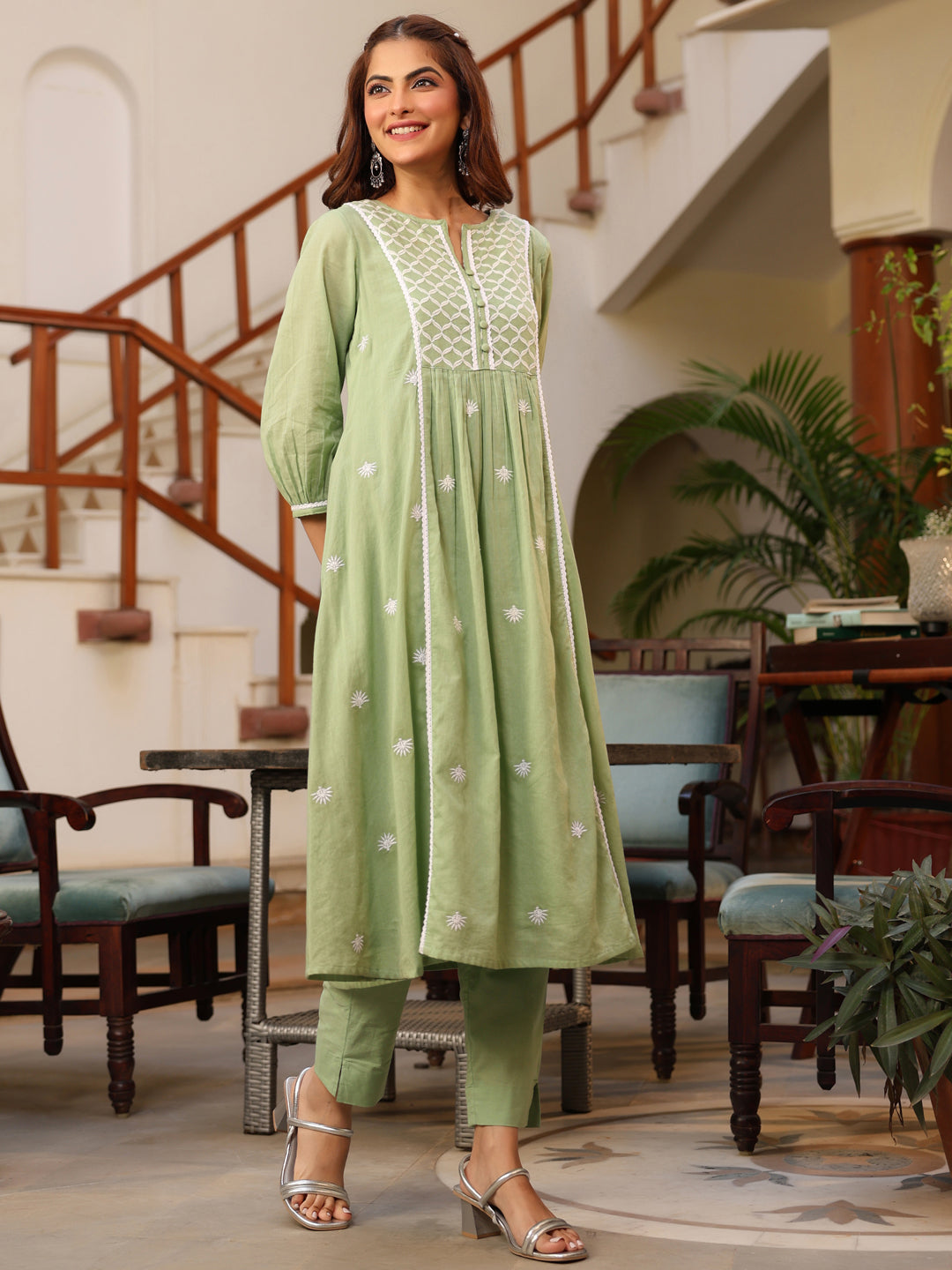 Janasya Light Cotton Embroidered A-Line Kurta Set | Swadesiicart