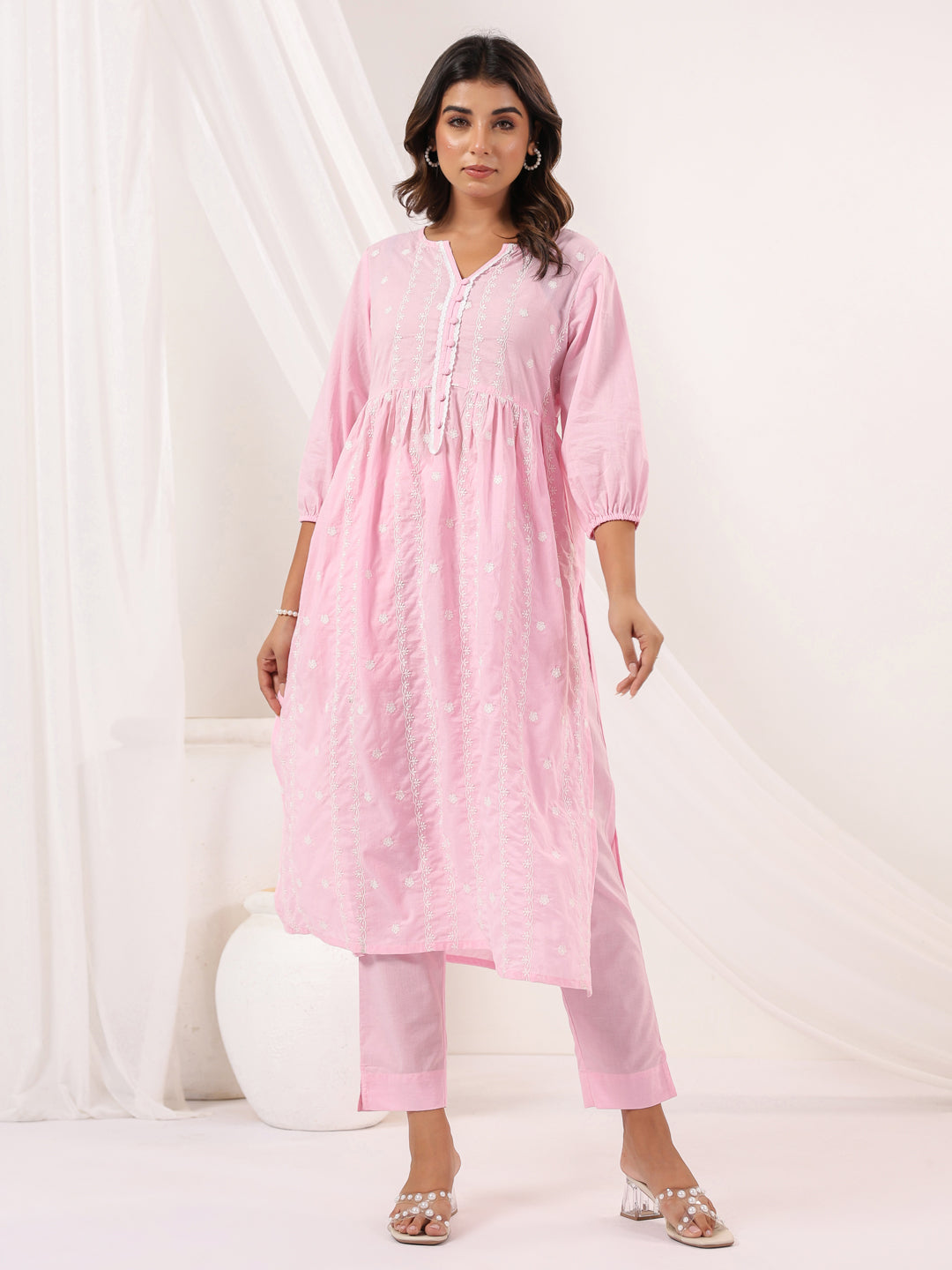 Janasya Light Cotton Embroidered A-Line Kurta Set | Swadesiicart