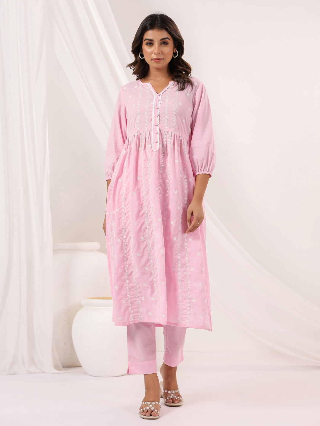 Janasya Light Cotton Embroidered A-Line Kurta Set | Swadesiicart