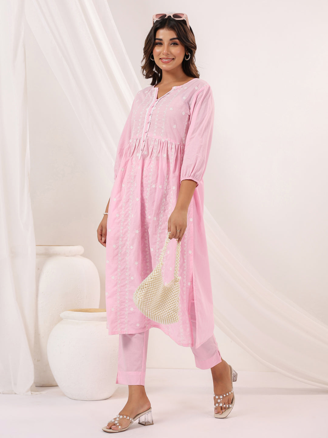 Janasya Light Cotton Embroidered A-Line Kurta Set | Swadesiicart
