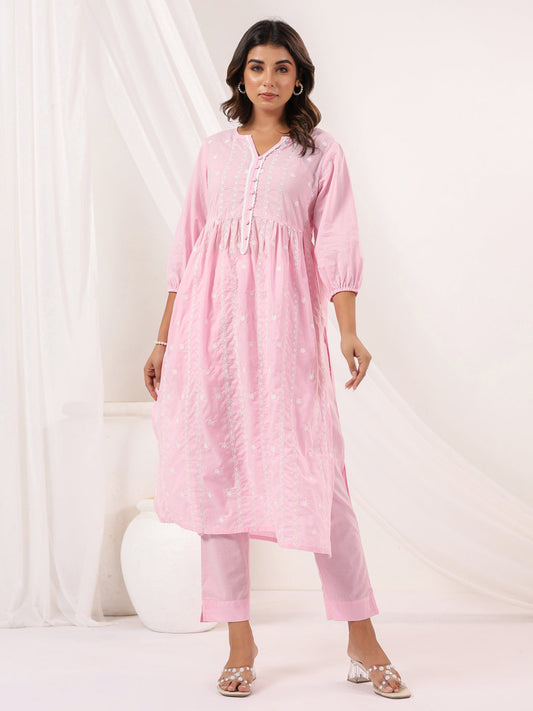 Janasya Light Cotton Embroidered A-Line Kurta Set | Swadesiicart
