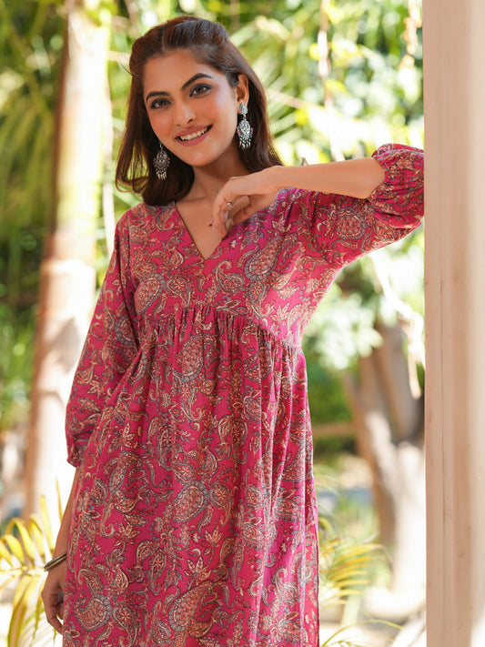 Janasya Bright Cotton Floral A-Line Kurta Set | Swadesiicart