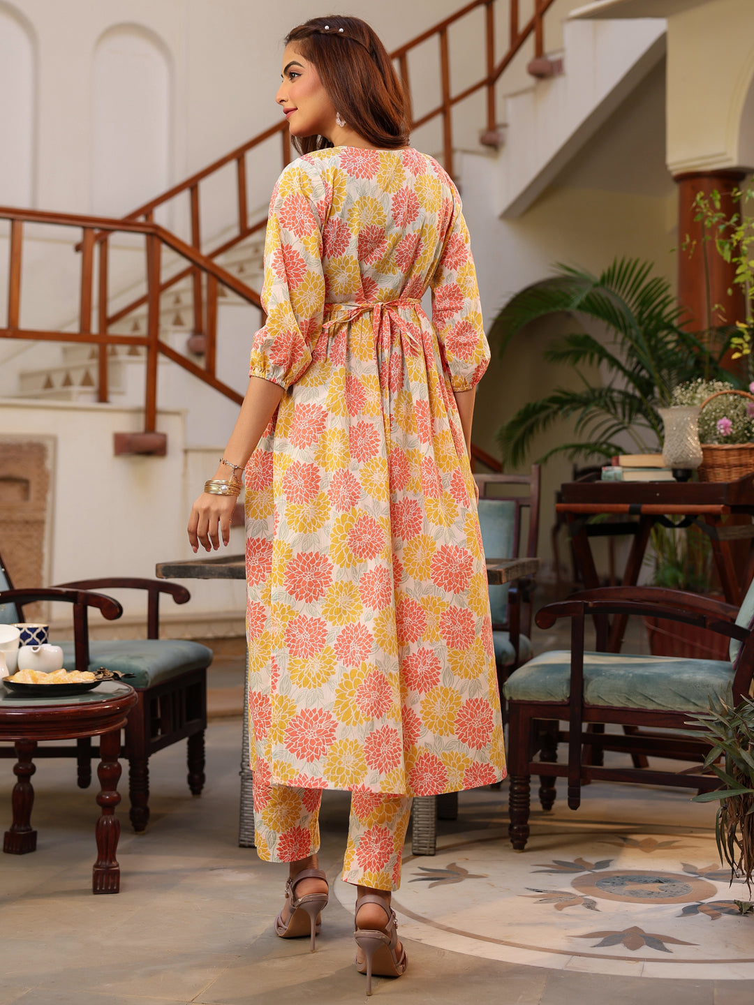 Janasya Light Cotton Floral A-Line Kurta Set | Swadesiicart