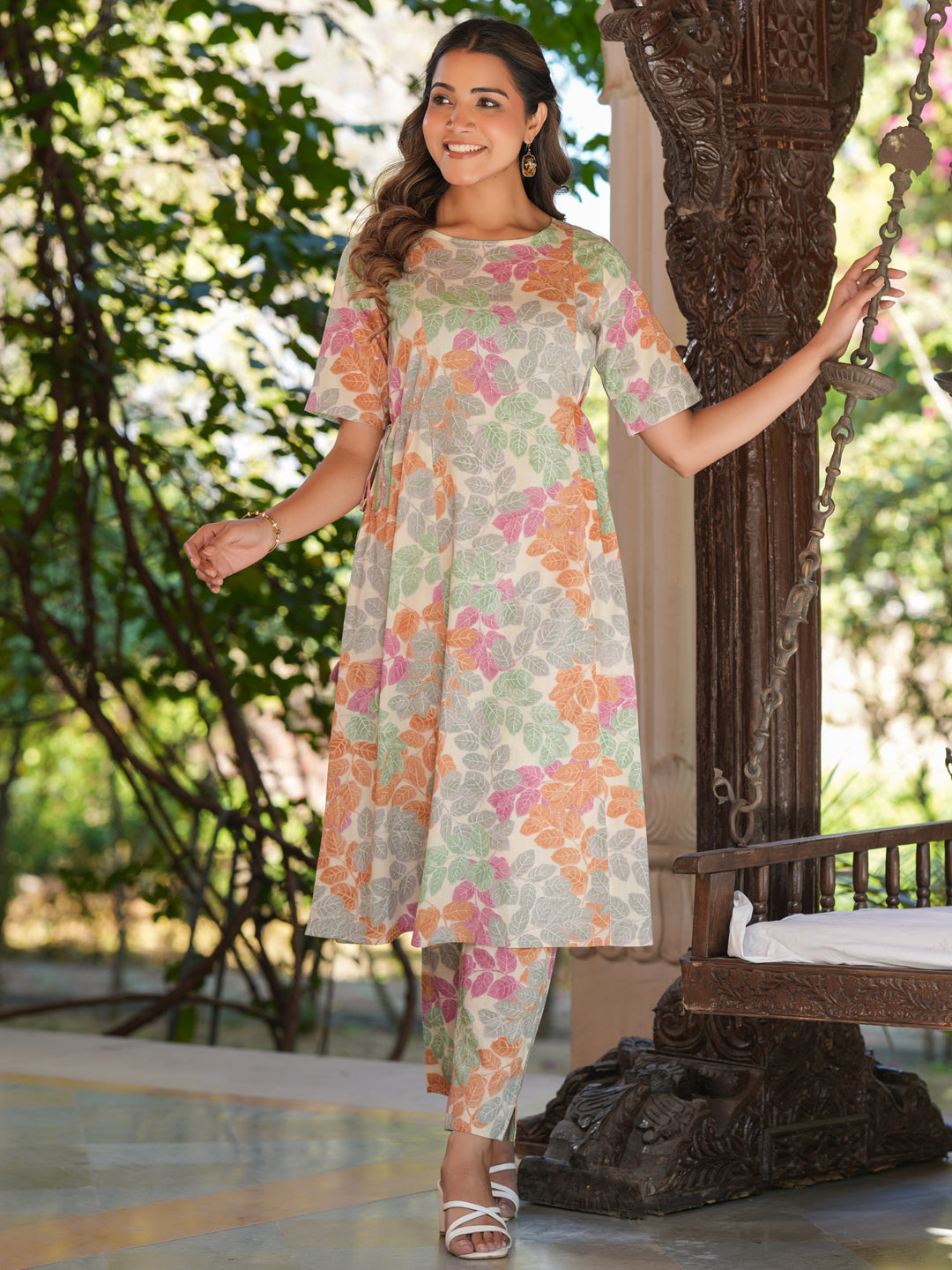 Janasya Light Cotton Floral A-Line Kurta Set | Swadesiicart